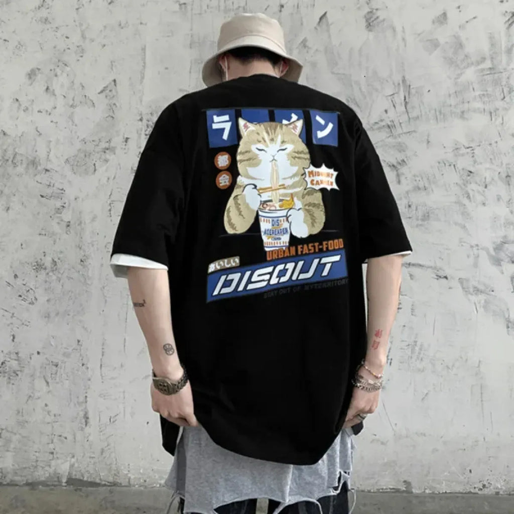 Harajuku Cat Eating Noodles Graphic Tee