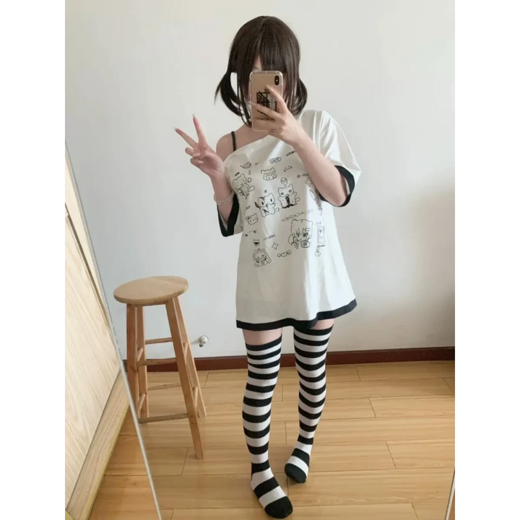 Harajuku Kawaii Cartoon Print Loose Tee – Gothic Sweet Style