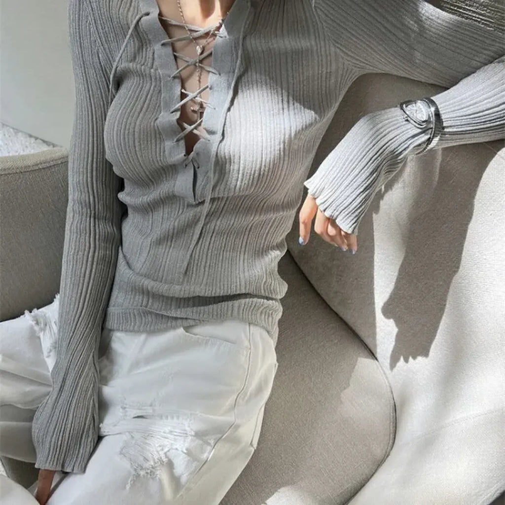 Glitter Lace-Up V-Neck Top – Y2K E-Girl Harajuku Knit Pullover