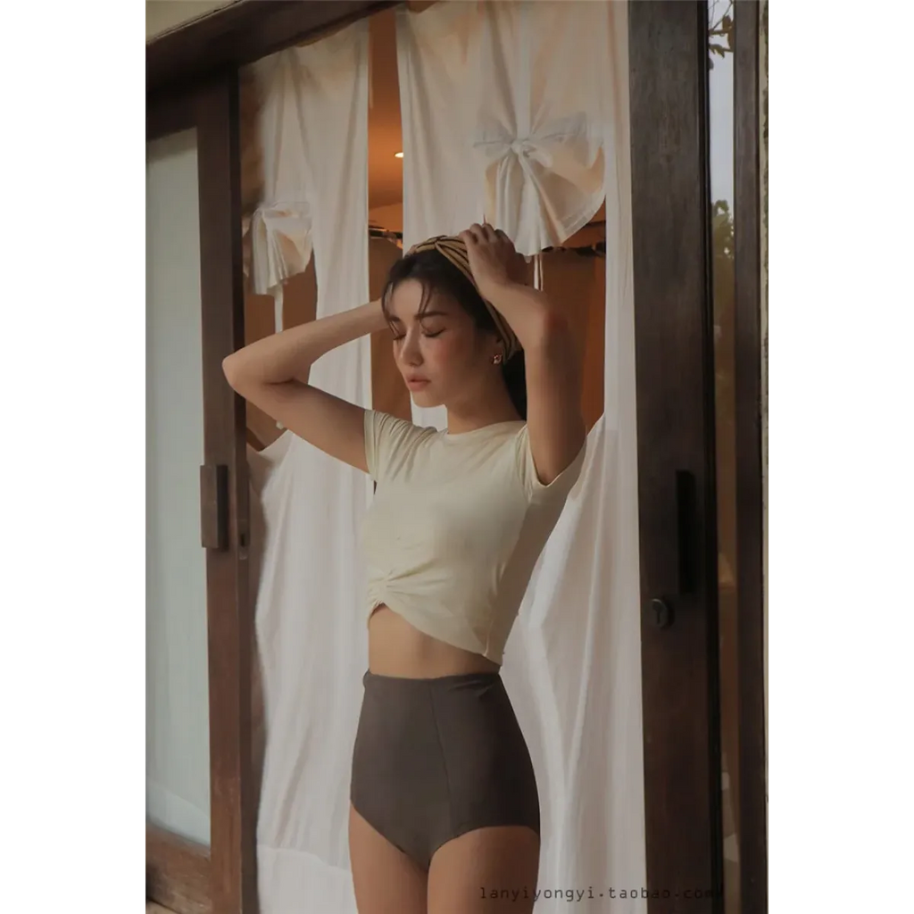 Bikini Set – High Waist Short Sleeve Pleated Korean Style