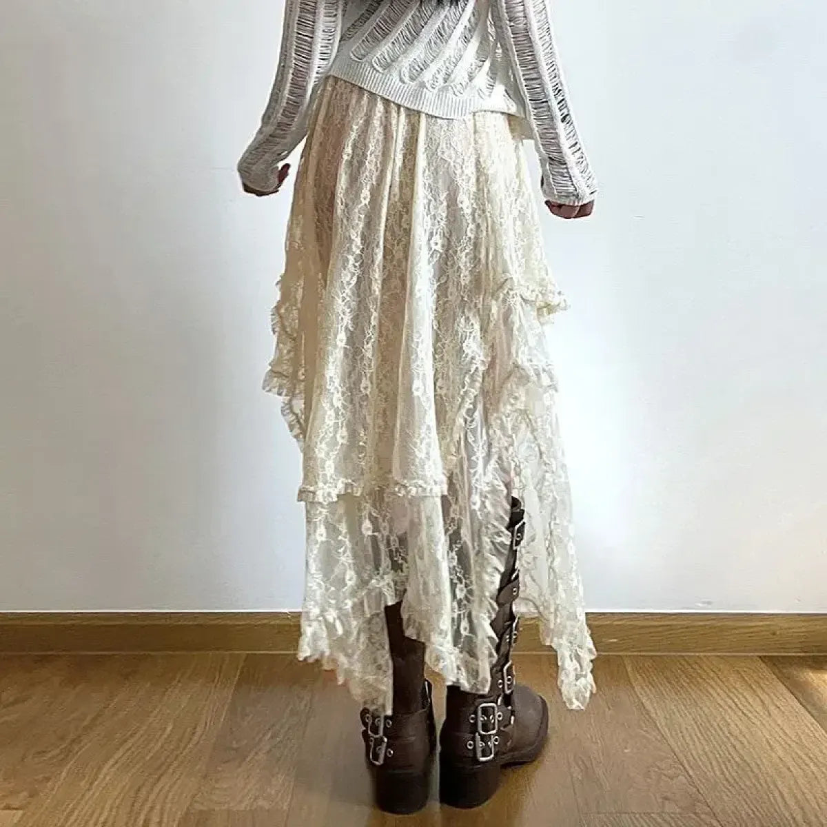 Ivory Lace Asymmetrical Skirt – Fairycore Vintage Boho High Waist
