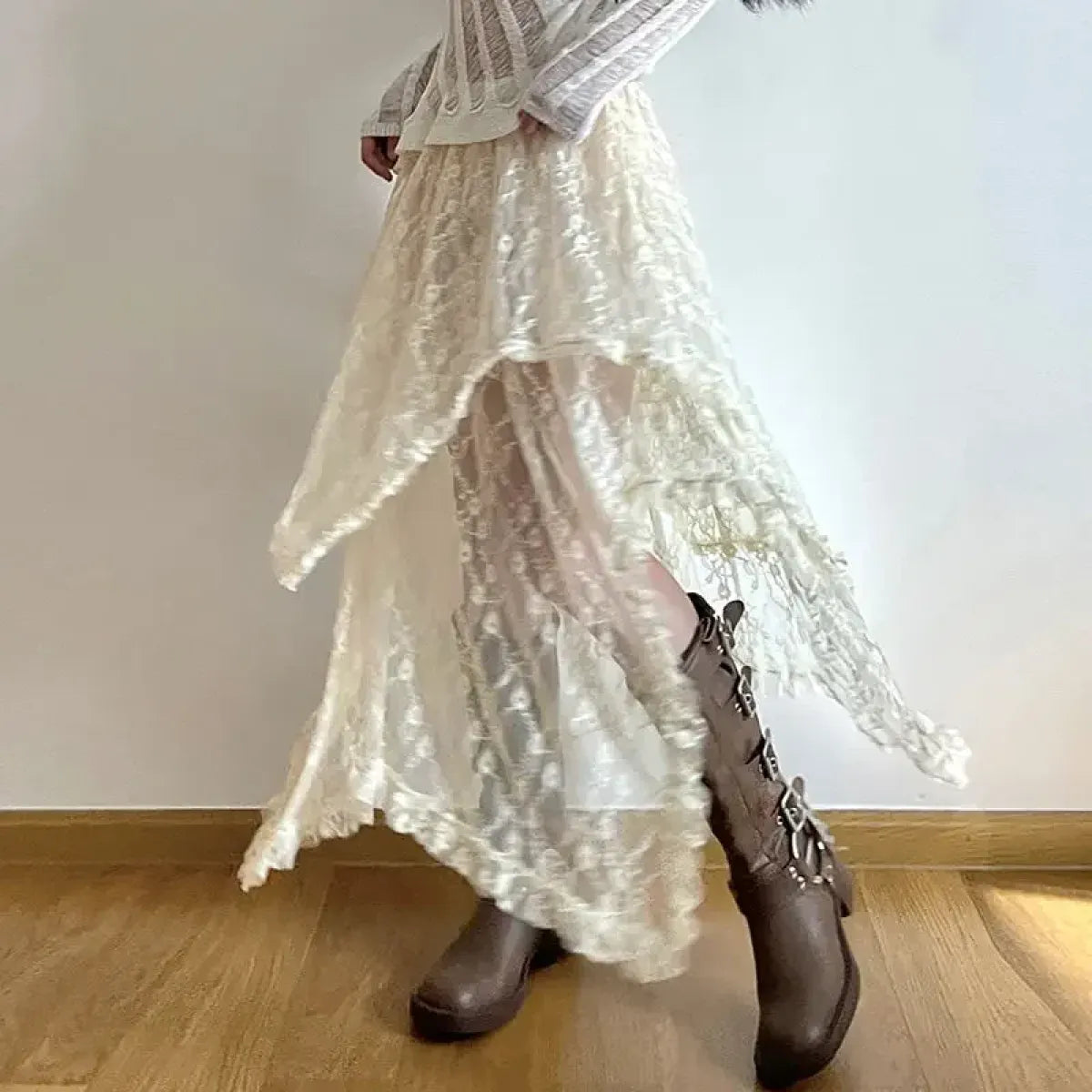 Ivory Lace Asymmetrical Skirt – Fairycore Vintage Boho High Waist