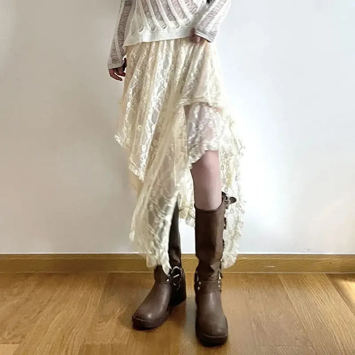 Ivory Lace Asymmetrical Skirt – Fairycore Vintage Boho High Waist