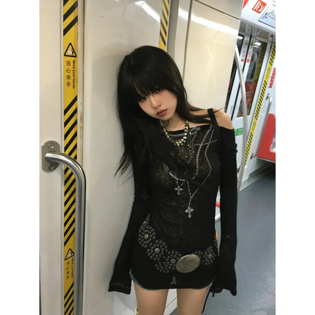 Japanese Knitted Grunge Tattoo Print Long Sleeve T-shirt