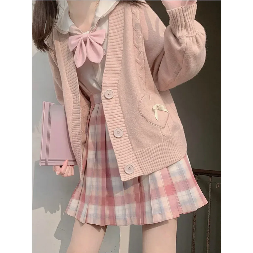 Kawaii Knitted Cardigan – Women's Heart Pocket Bow Sweater