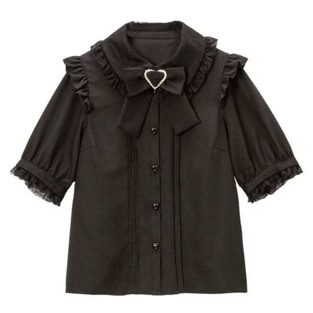 Kawaii Lolita Lace Blouse – Y2K Grunge Bow Shirt with Heart Buttons