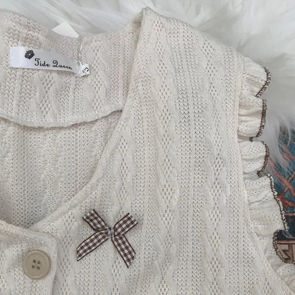 Kawaii Lolita Ruffle Knit Sweater Vest - Japanese Bow Cardigan