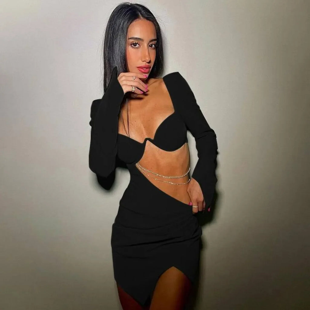 Hollow Out Full Sleeve Mini Dress