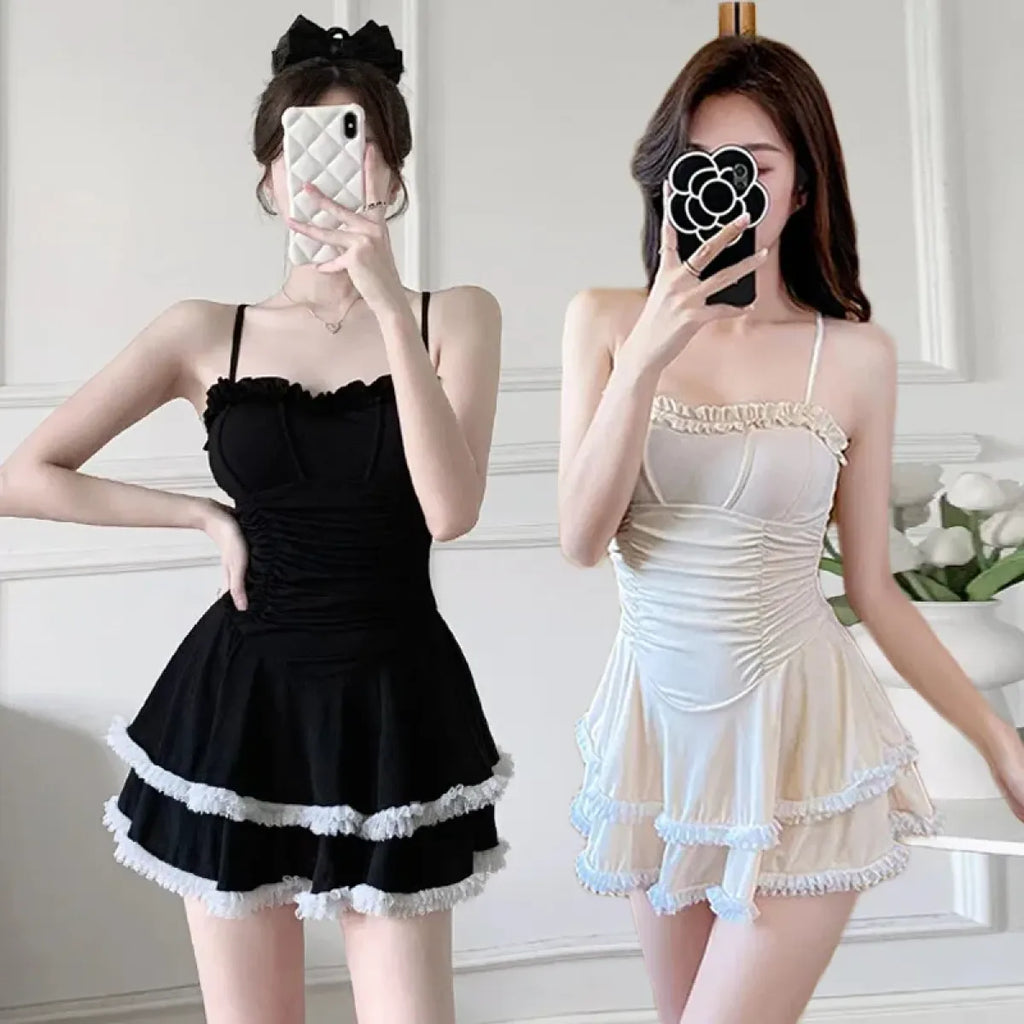 Ruffle One-Piece Swimsuit – Korean Sweet Mini Dress Swimwear