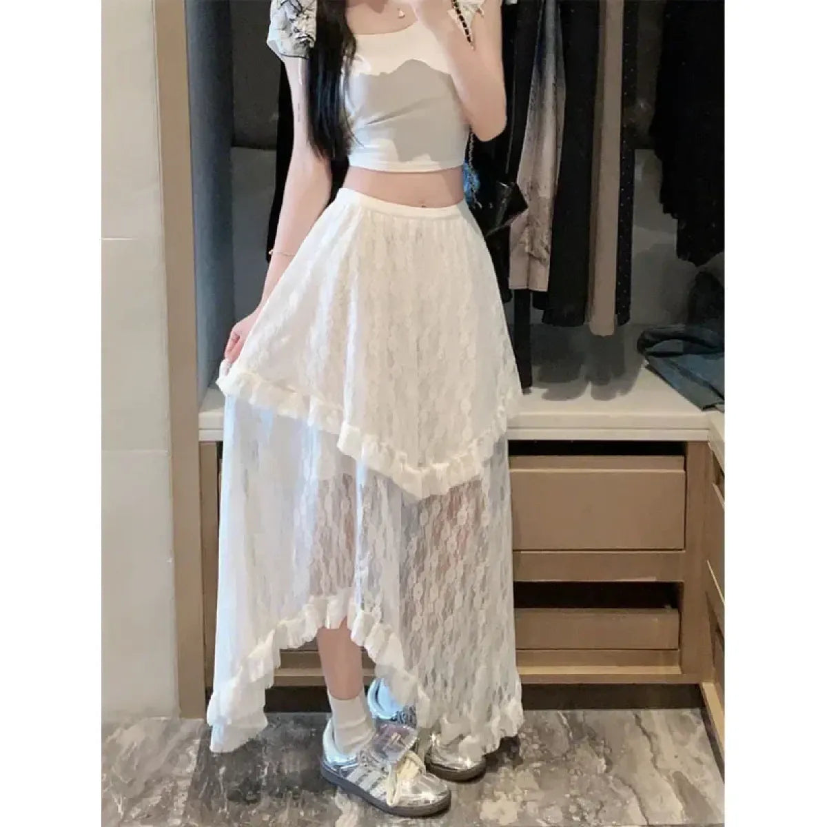 Lace Asymmetrical Skirt – Fairycore Vintage Ruffle Design