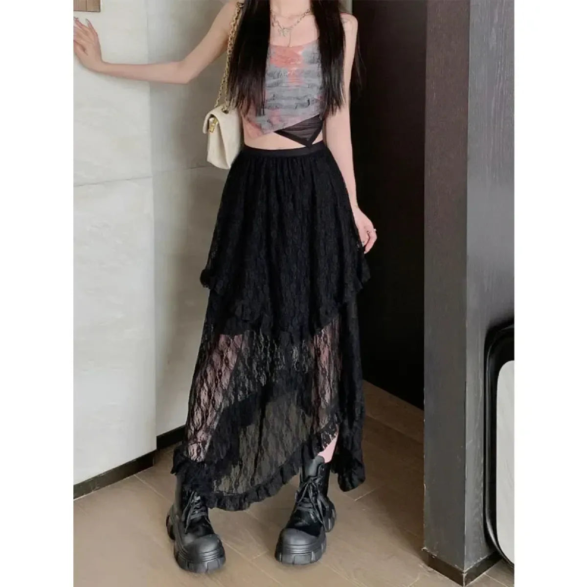 Lace Asymmetrical Skirt – Fairycore Vintage Ruffle Design