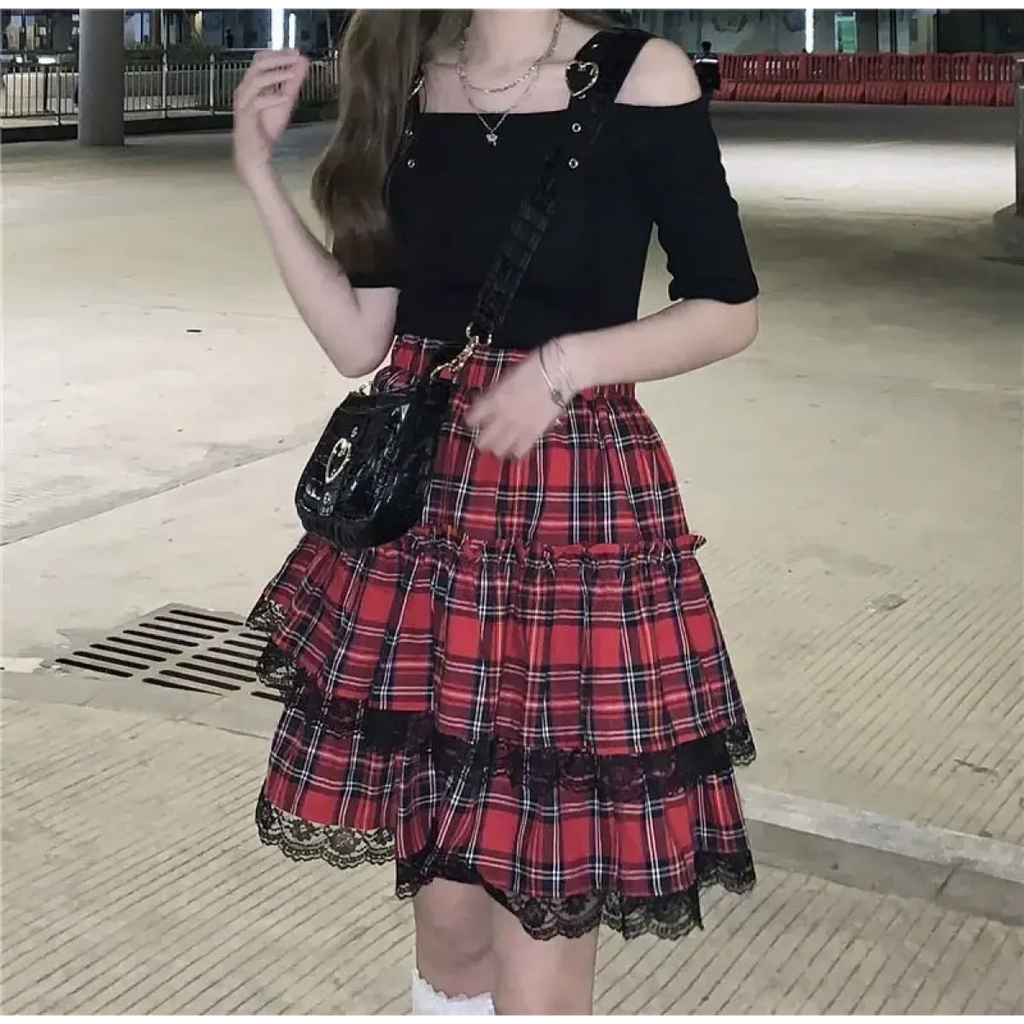 Lace Gothic Y2K Mini Skirt - High Waist Plaid A-line Red Skirt