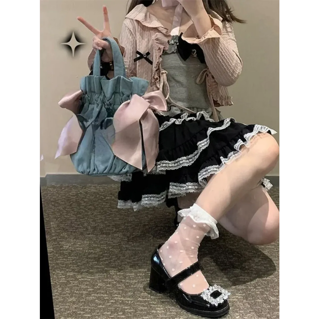 Lace Mini Cake Lolita Skirt – High Waist Ruffle Bow Detail
