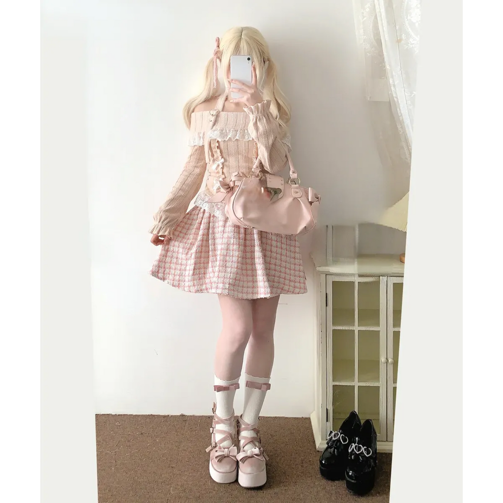 Kawaii Lace Patchwork Knit Top – Halter Neck Lolita Sweater