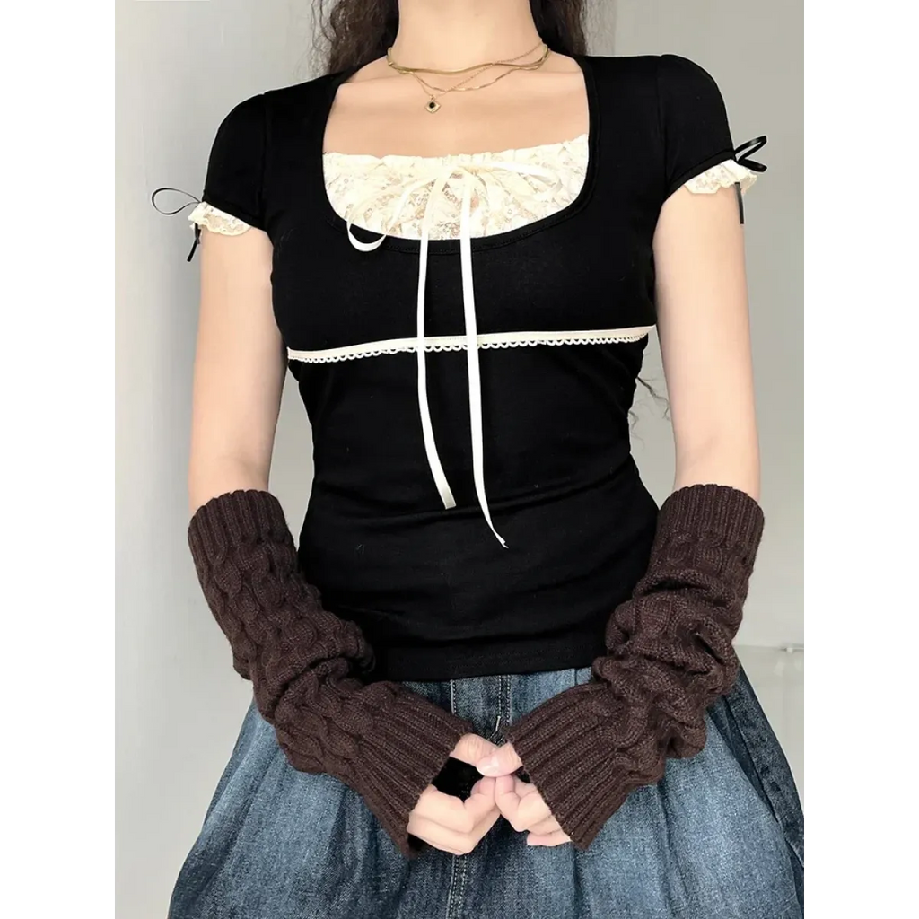 Lace Trim Crop Top: Sweet Square Neck Harajuku Tee