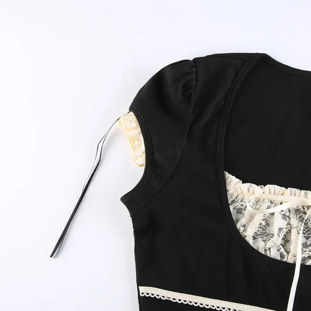 Lace Trim Crop Top: Sweet Square Neck Harajuku Tee