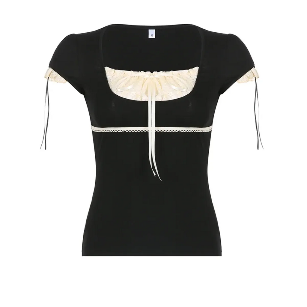 Lace Trim Crop Top: Sweet Square Neck Harajuku Tee