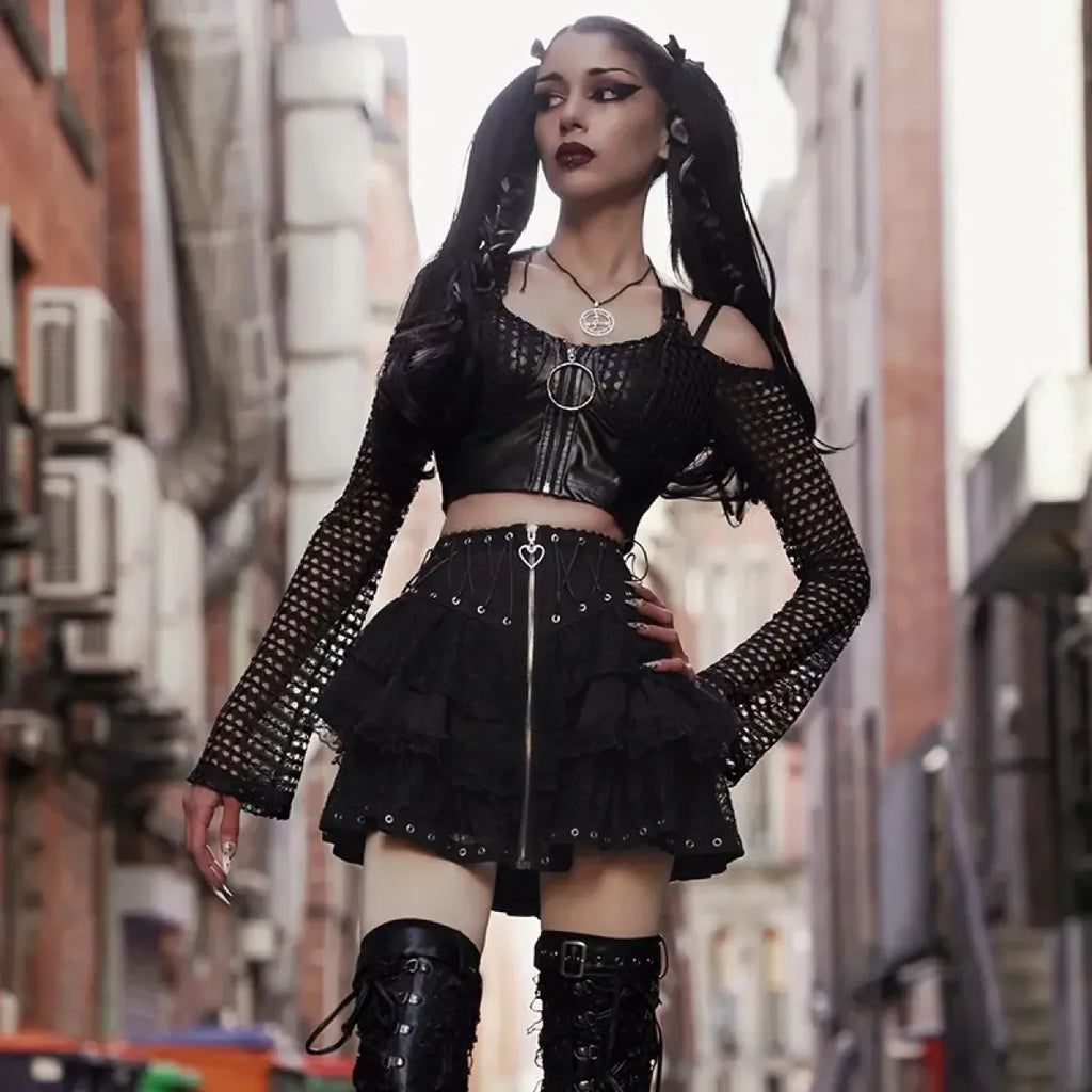 Gothic Lace-Up Corset Skirt – Kawaii Harajuku Punk Ruffle Mini Skirt