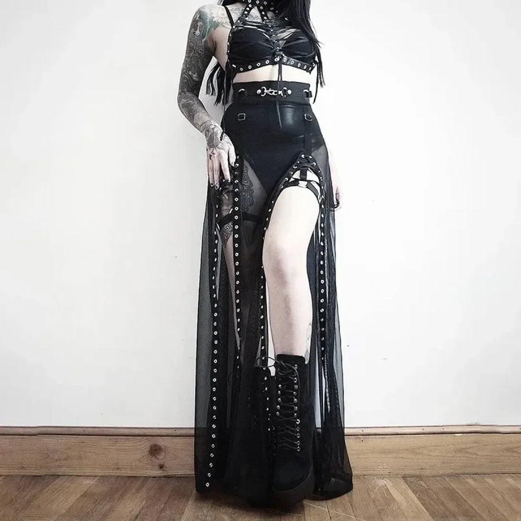 Mesh Gothic Side Slit Skirt – Punk Lace-Up High Waist Maxi Skirt