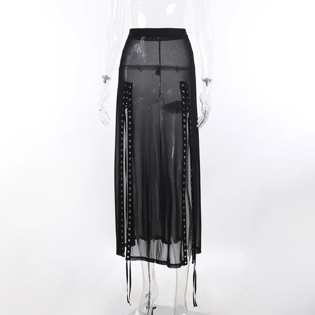 Mesh Gothic Side Slit Skirt – Punk Lace-Up High Waist Maxi Skirt