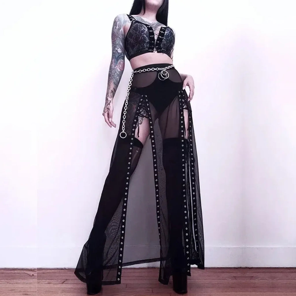 Mesh Gothic Side Slit Skirt – Punk Lace-Up High Waist Maxi Skirt