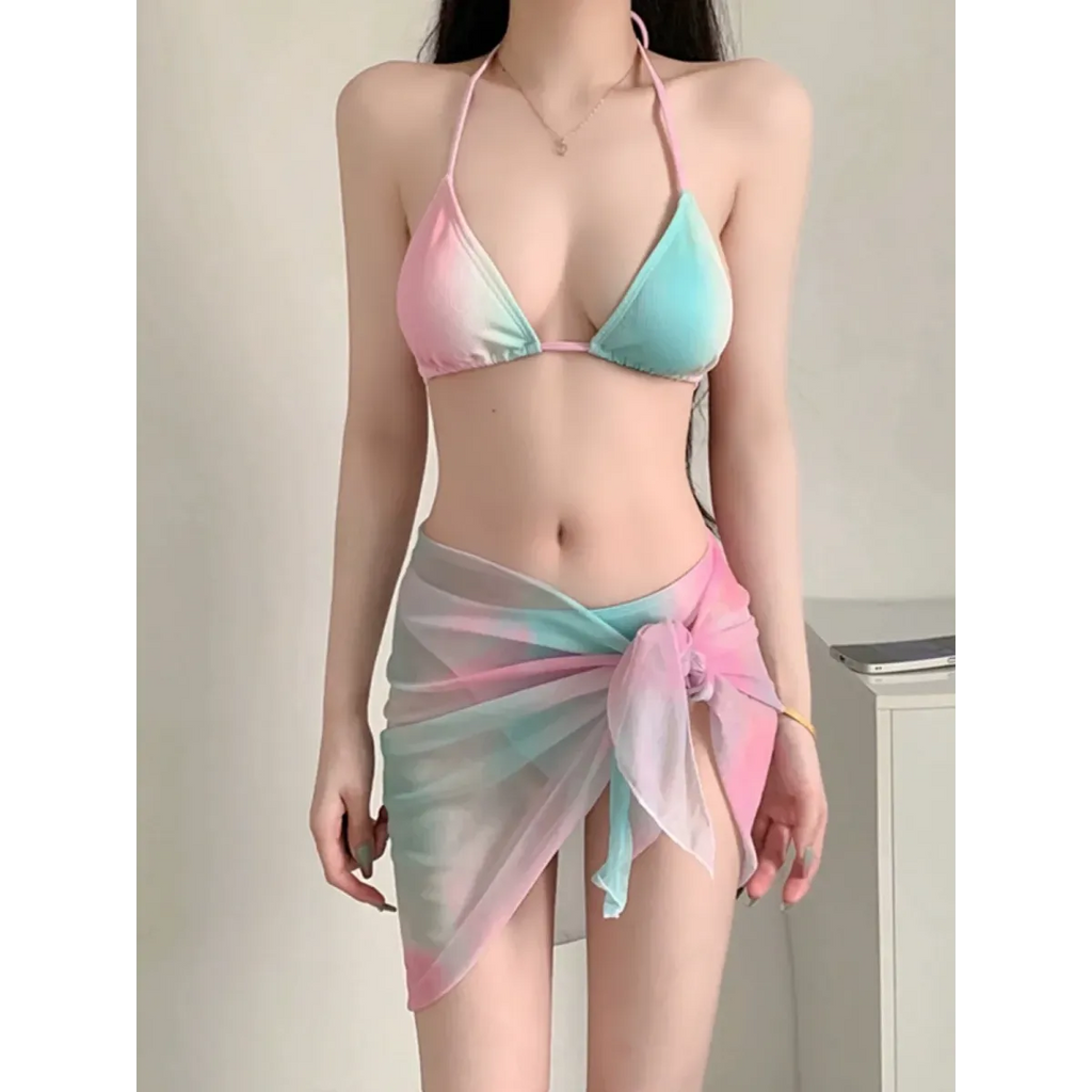Pastel Gradient Halter Bikini Set – 3PC Korean Swimsuit with Mesh Skirt