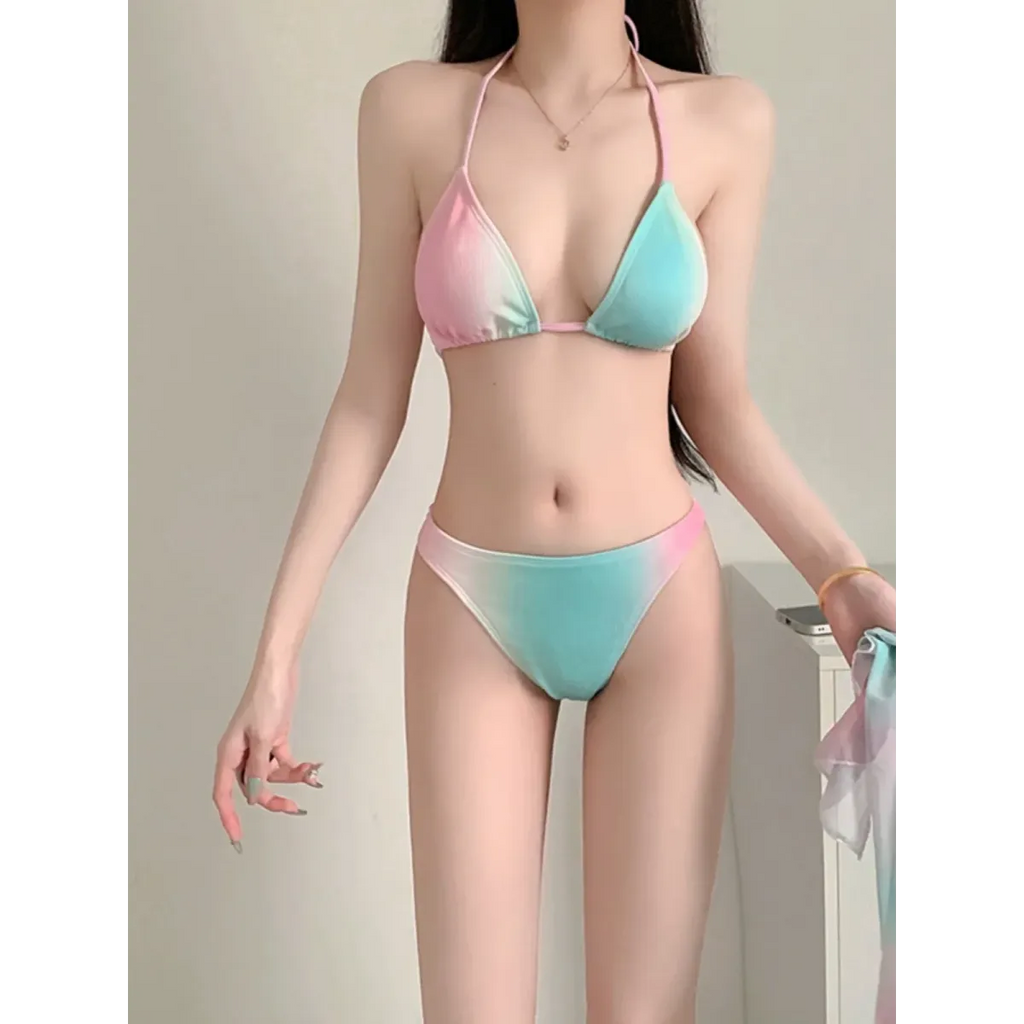 Pastel Gradient Halter Bikini Set – 3PC Korean Swimsuit with Mesh Skirt