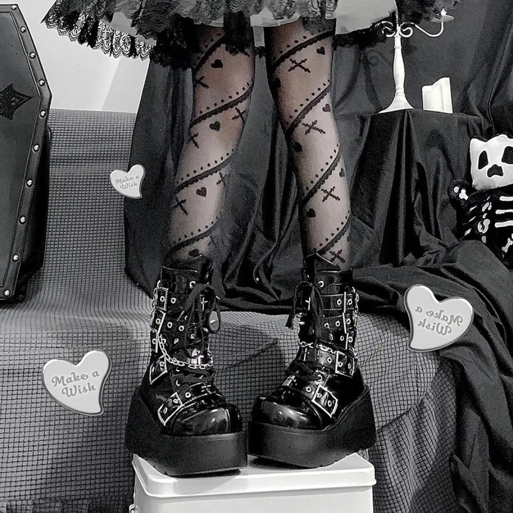 Metal Chain Patent Leather Ankle Boots - Chunky Platform Gothic Boots