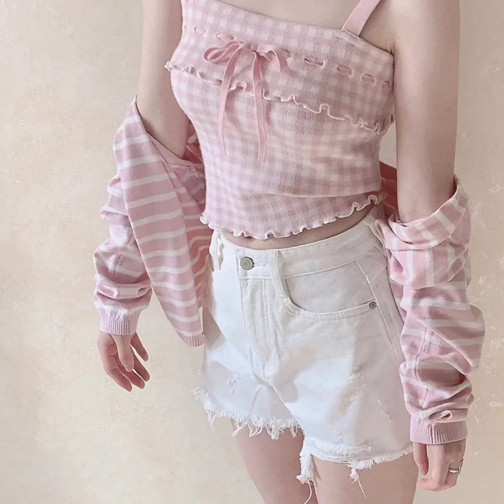 Pink Sweet Plaid Ribbon Crop Top
