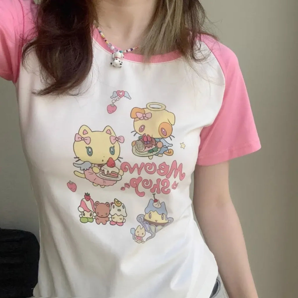 Cat Print T-Shirt – Pink White Patchwork Slim Fit Short Sleeve Tee