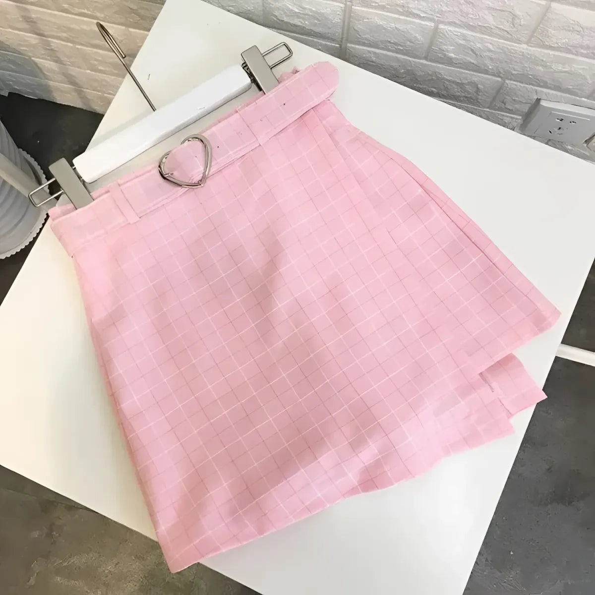 Plaid A-Line Mini Skirt with Heart Buckle