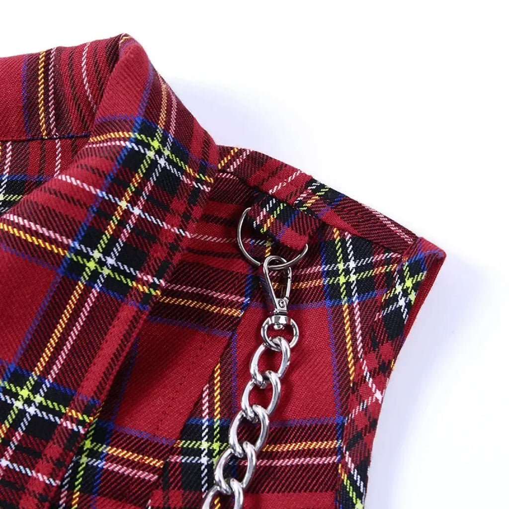 Plaid Punk Zipper Crop Top – Gothic Streetwear Chain Vest Top