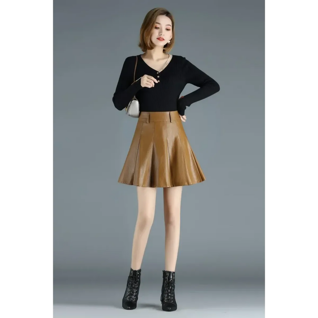 High Waist Pleated Leather Skirt – Korean Style Mini Skirt
