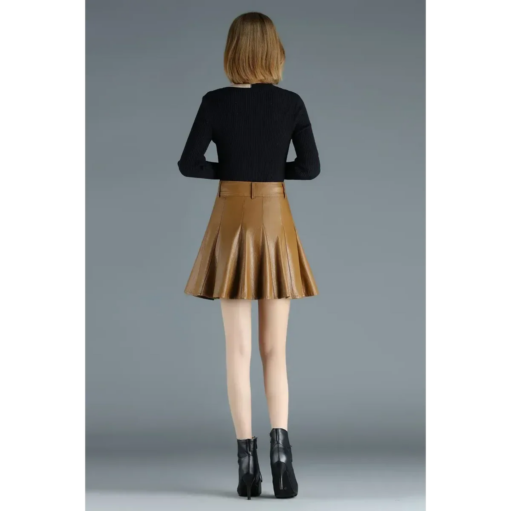High Waist Pleated Leather Skirt – Korean Style Mini Skirt
