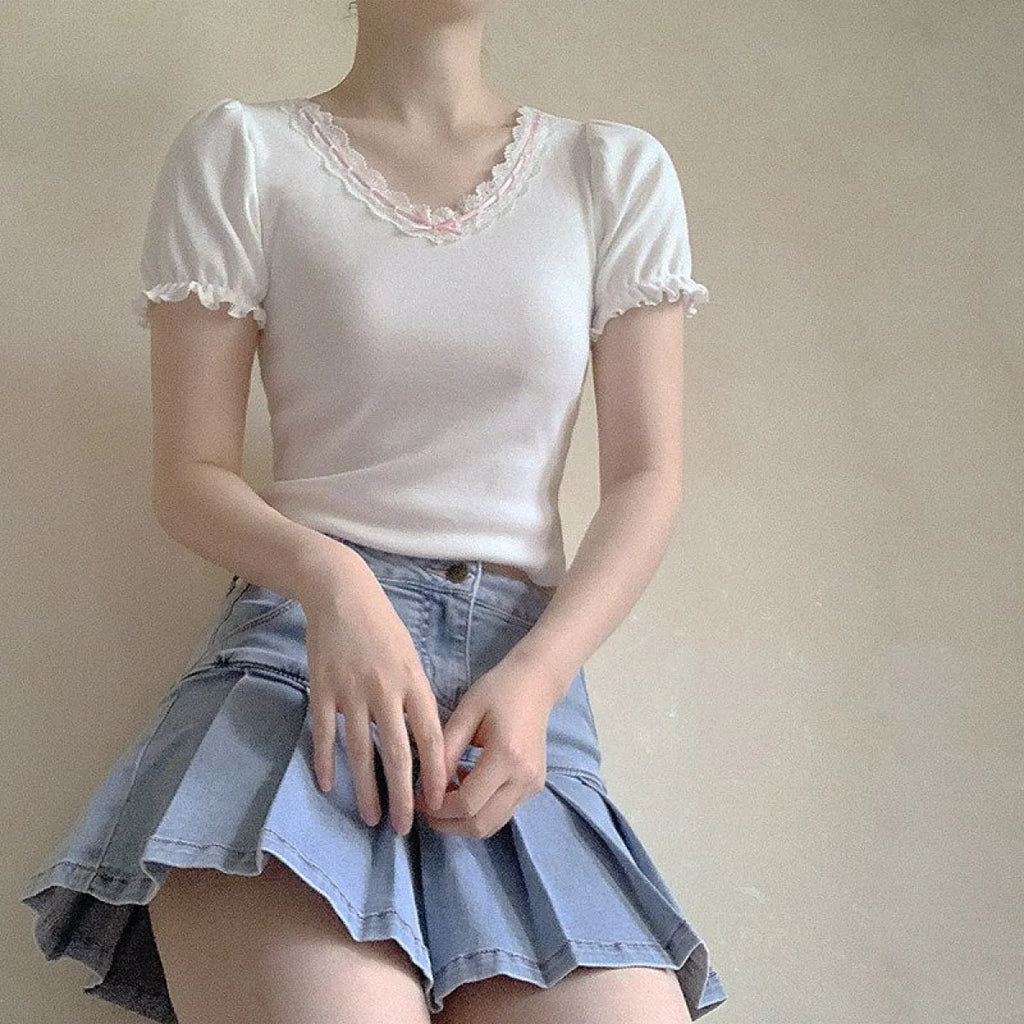 Ribbon Lace Trim Puff Sleeve T-Shirt