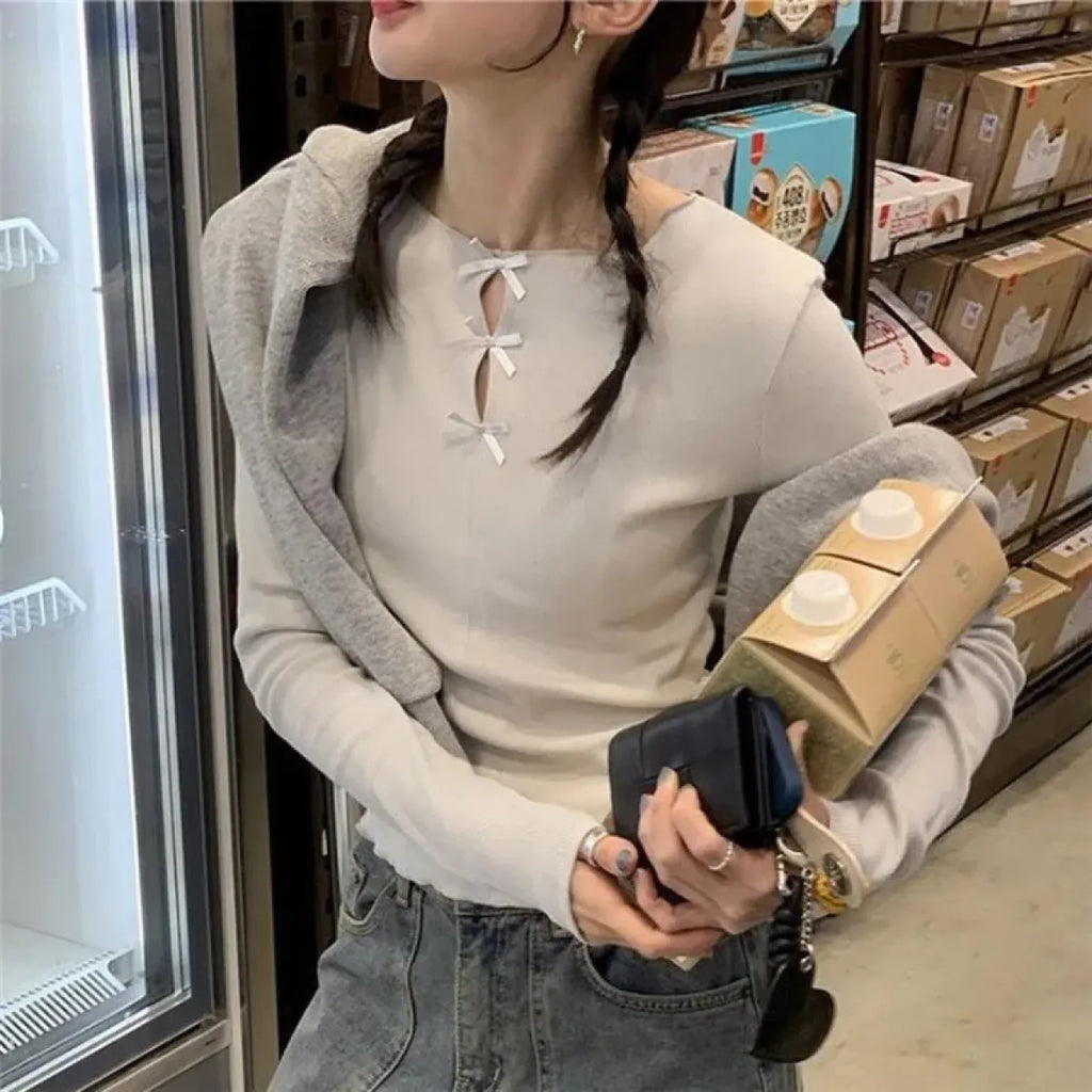 Ribbed Bow Tie Knit Top – Y2K E-Girl Slim Fit Long Sleeve Tee