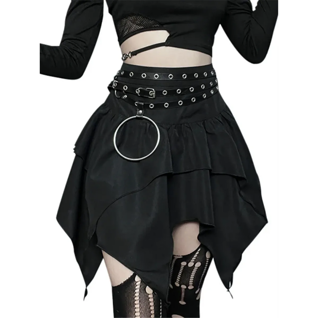 Gothic Punk Ruffle Skirt – Irregular Hem Drawstring Tie-Up Mini Skirt