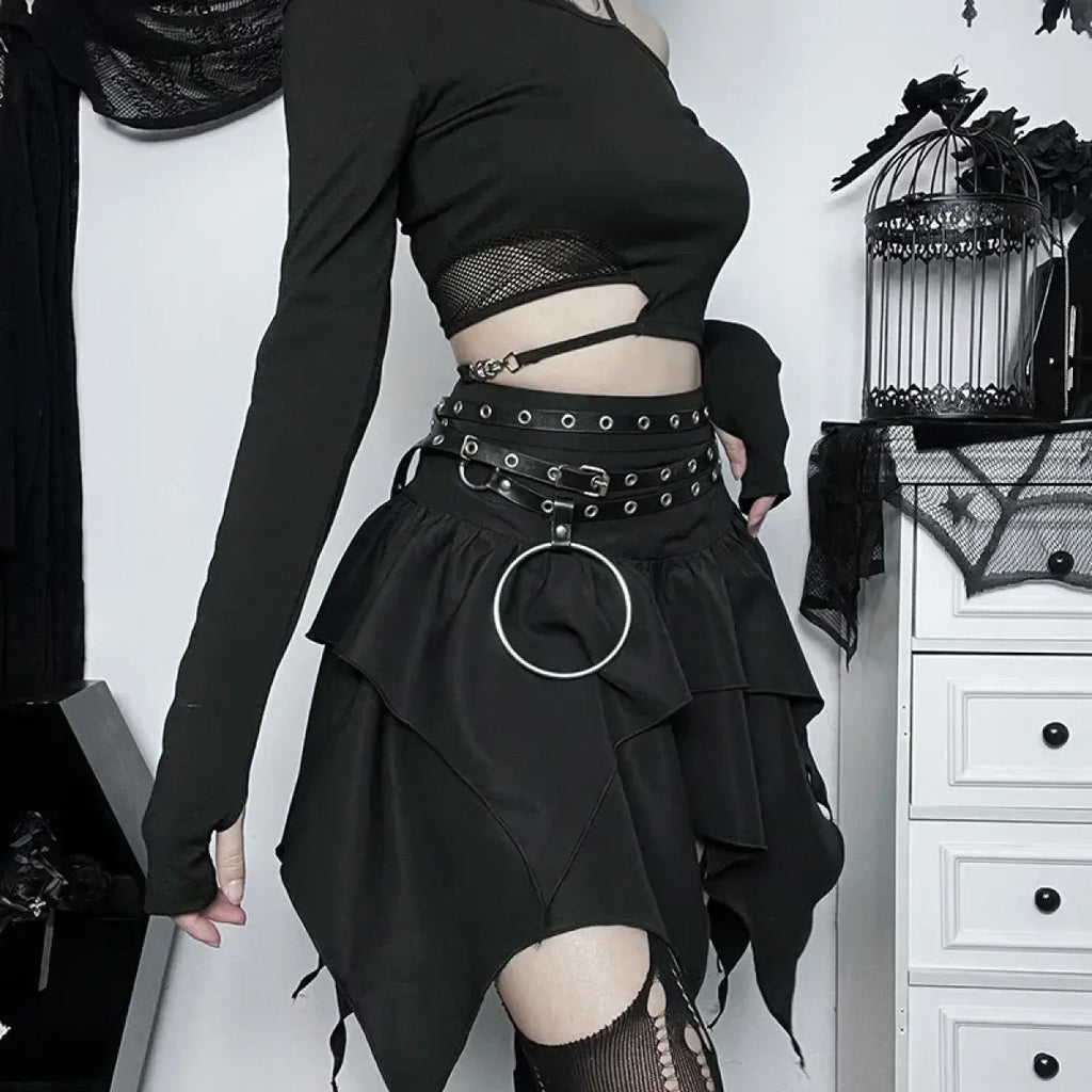 Gothic Punk Ruffle Skirt – Irregular Hem Drawstring Tie-Up Mini Skirt