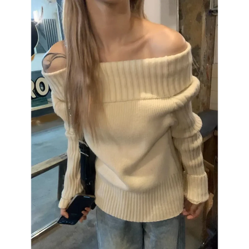 Beige Off Shoulder Knit Sweater – Elegant Harajuku Long Sleeve Pullover