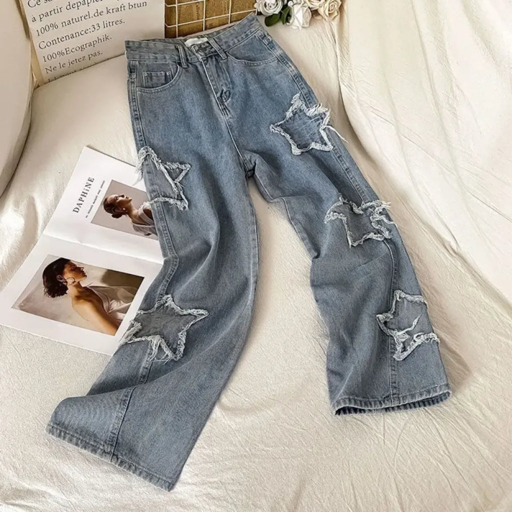 Star Patch Ripped High Waist Straight Leg Jeans – Women's Loose Fit Denim