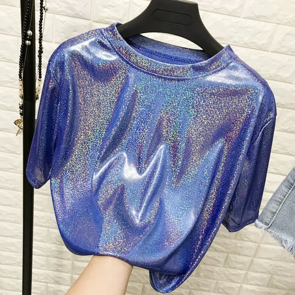 Summer Retro Bright Silk Loose Short Sleeve Top