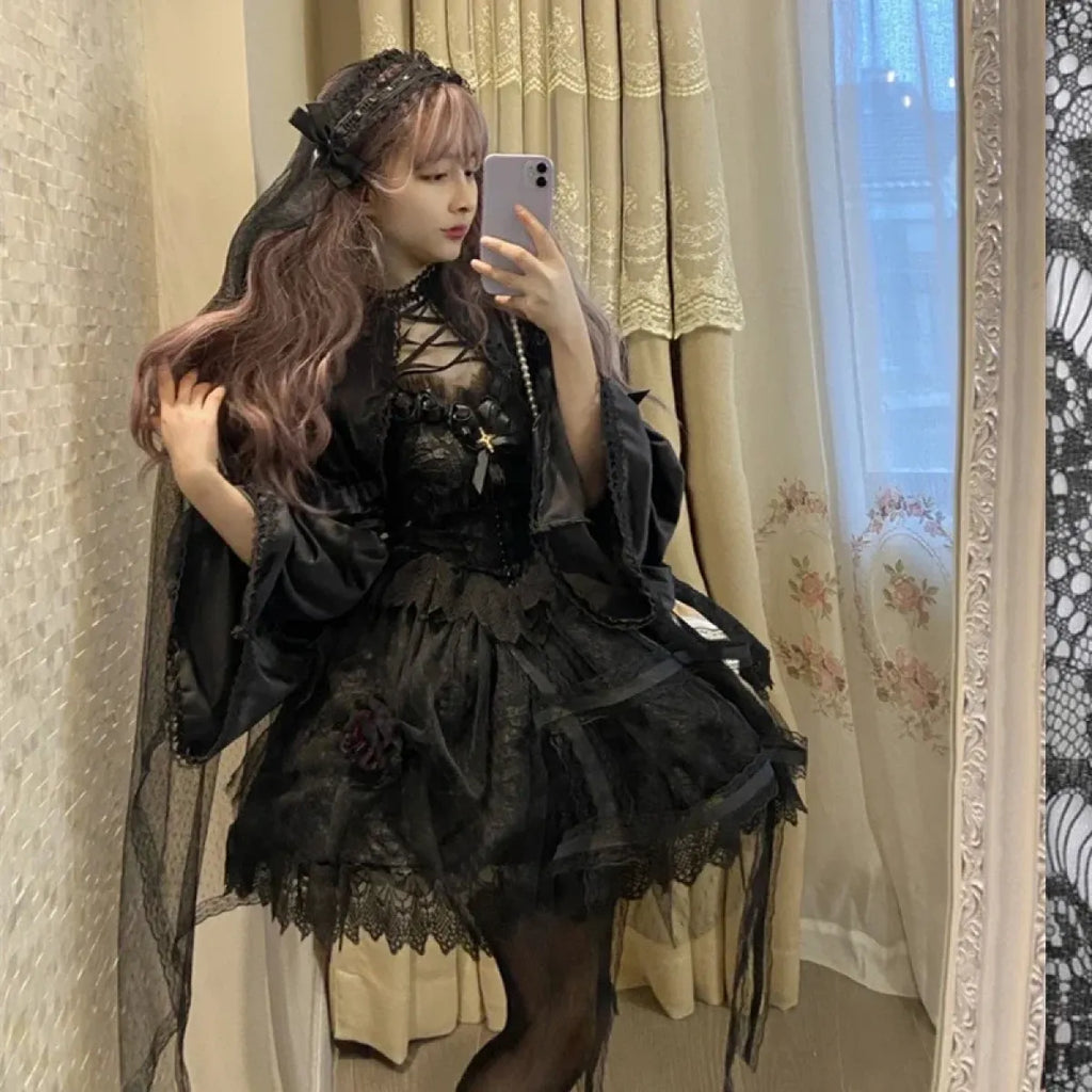 Victorian Gothic Lolita Dress - Sweet Lace & Rose Detail