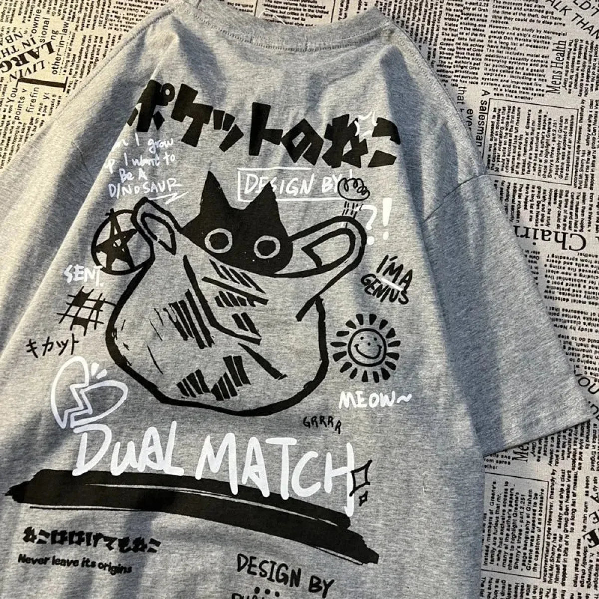 Cute Anime Cat T-Shirt – Vintage Aesthetic Harajuku Kawaii Top