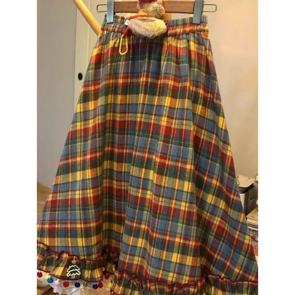 Plaid A-Line Skirt – Vintage Mori Girl Lace Trim Midi
