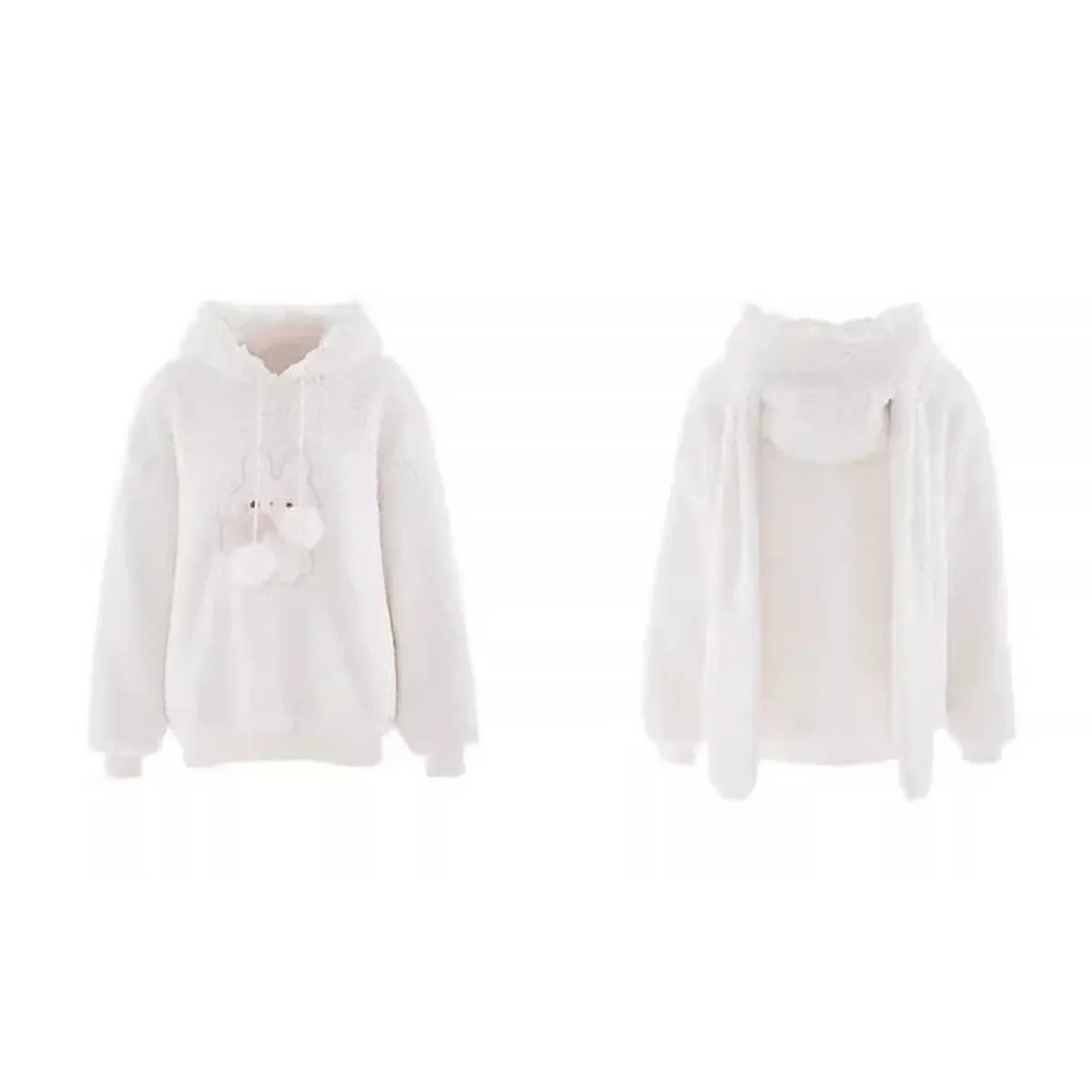 White Bunny Hoodie – Soft Lamb Wool Fleece Pullover Winter Style