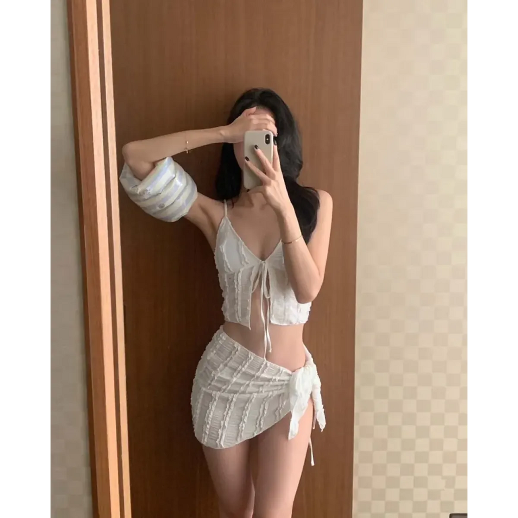 Lavender Low Cut Bikini Set – Halter Lace Up with Wrap Skirt Cover-Up