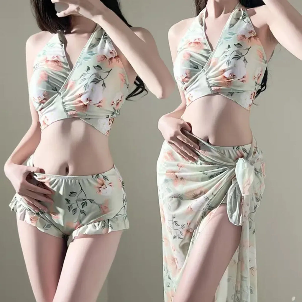 Floral Halter Bikini Set – Ruffled Mesh Wrap Skirt Swimwear