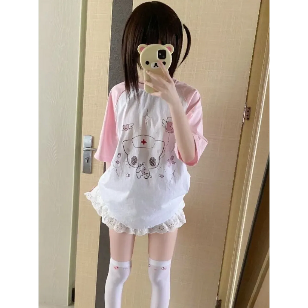 Kawaii Cartoon Patchwork T-Shirt – Harajuku Y2K Aesthetic Top