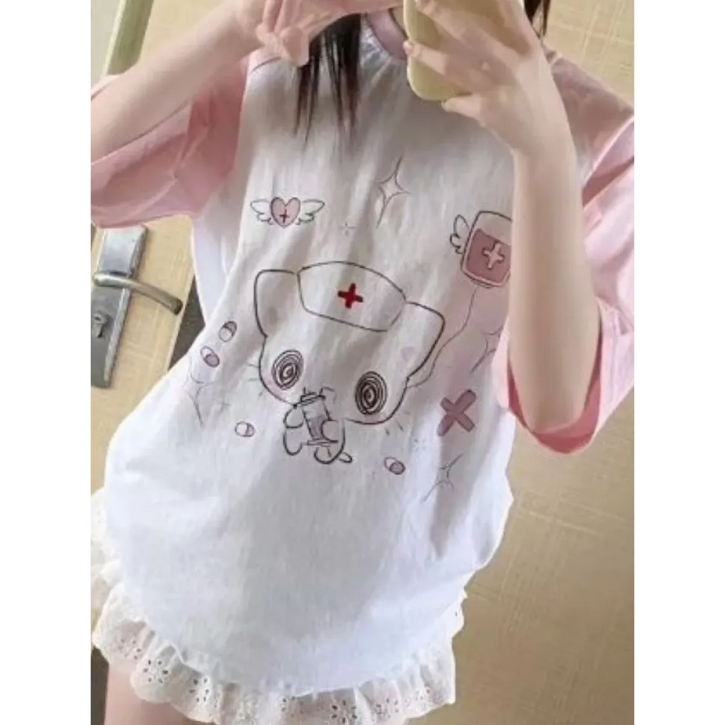 Kawaii Cartoon Patchwork T-Shirt – Harajuku Y2K Aesthetic Top