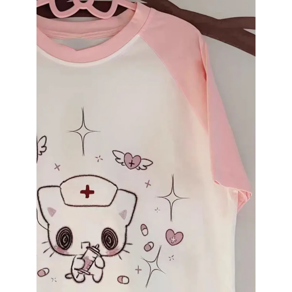 Kawaii Cartoon Patchwork T-Shirt – Harajuku Y2K Aesthetic Top